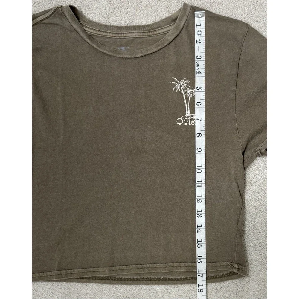O’Neill Teen Large Palm Tree Graphic Cropped 100% Cotton Tee Olive Green Fits 14